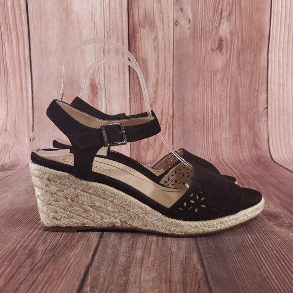 Vionic Ariel Womens Sz 7.5 Wide Black Suede Ankle Strap Wedge Espadrille Sandals - Picture 3 of 15